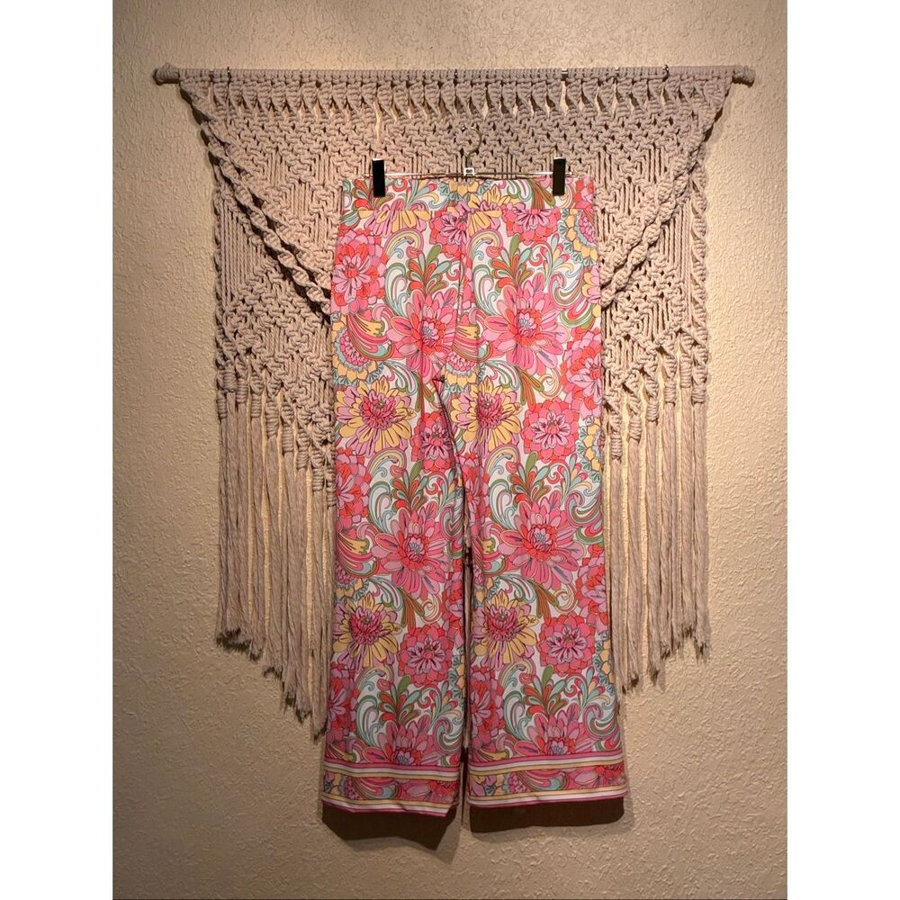 The Boston Proper Wide Leg Resort Palazzo Pants Pink Mod 60s Flowers Summer Size - Picture 3 of 5